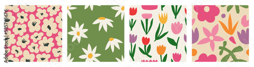 Set Aesthetic Contemporary printable seamless pattern with retro groovy flowers. Decorative Naive 60's, 70's style Vintage boho background in minimalist  style for fabric, wallpaper, wrapping