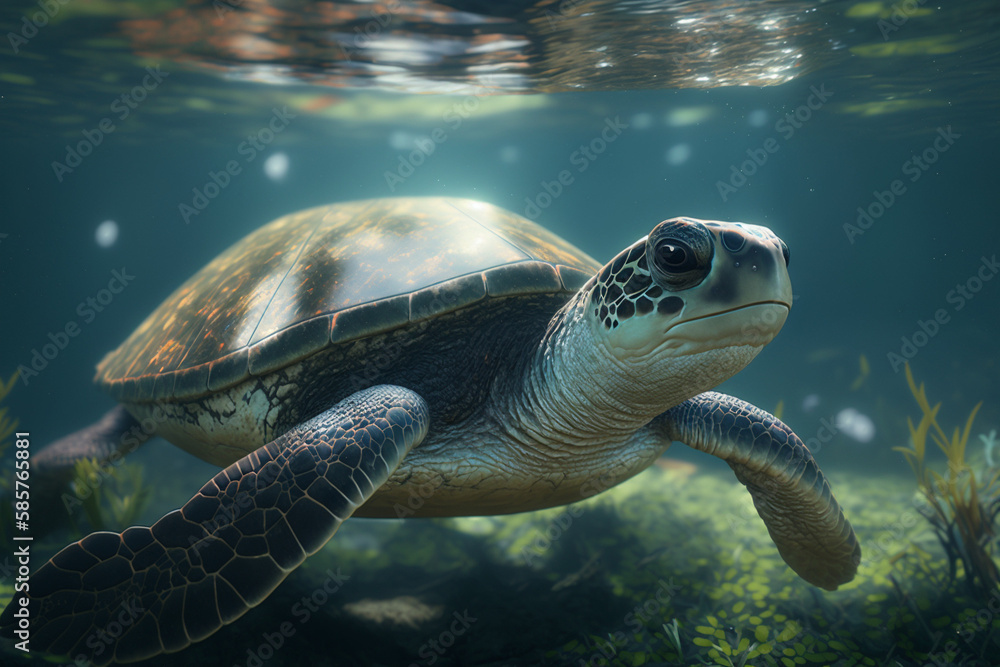 Fototapeta premium Close-up view of turtle underwater generative AI