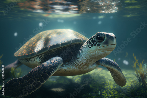 Close-up view of turtle underwater generative AI