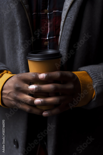 Top view close up of male hands holding a takeaway cup of coffee. Shadow photography style.