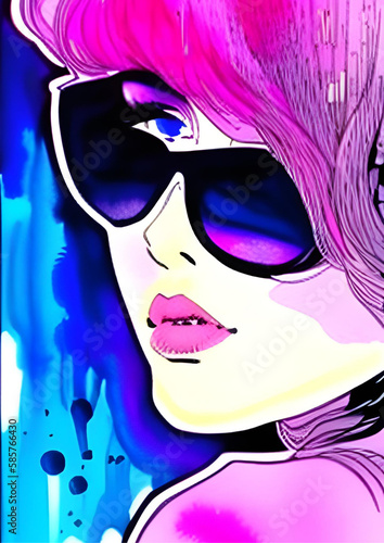 Hand-painted watercolour anime, fashion girl. Cool anime girl in pink and purple. Hand-drawn anime girl with glasses