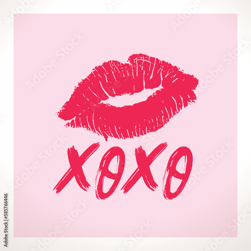 XOXO (hugs and kisses) brush lettering and lipstick kiss on a white background. Vector illustration