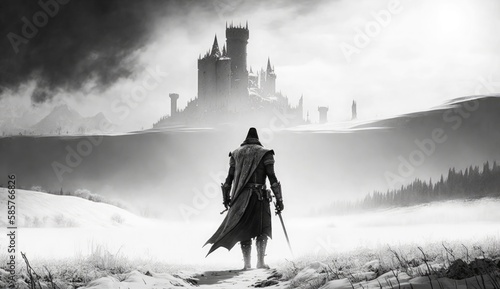 Knight looking to the castle on the hill at winter landscape. Postproducted generative AI digital illustration.