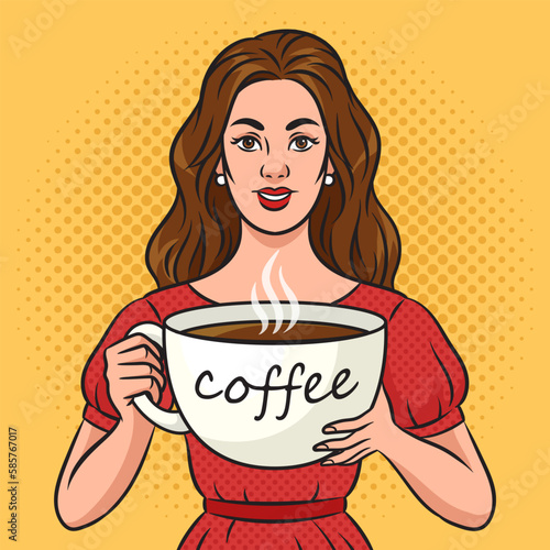 young woman girl with huge cup of coffee pinup pop art retro vector illustration. Comic book style imitation.