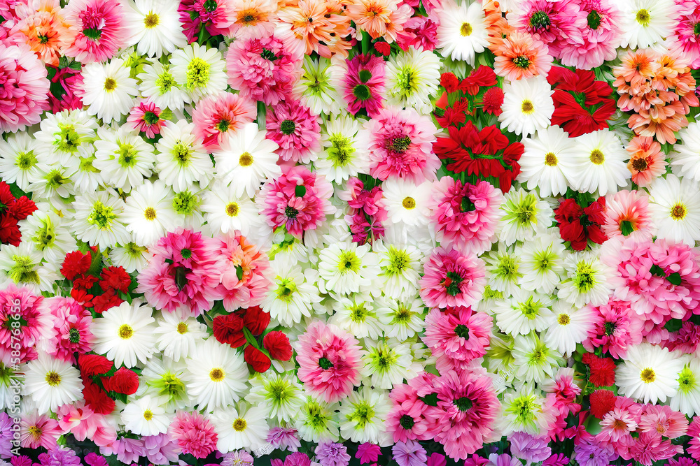 Obraz premium Flowers wall background with amazing red,orange,pink,purple,green. Generative Ai