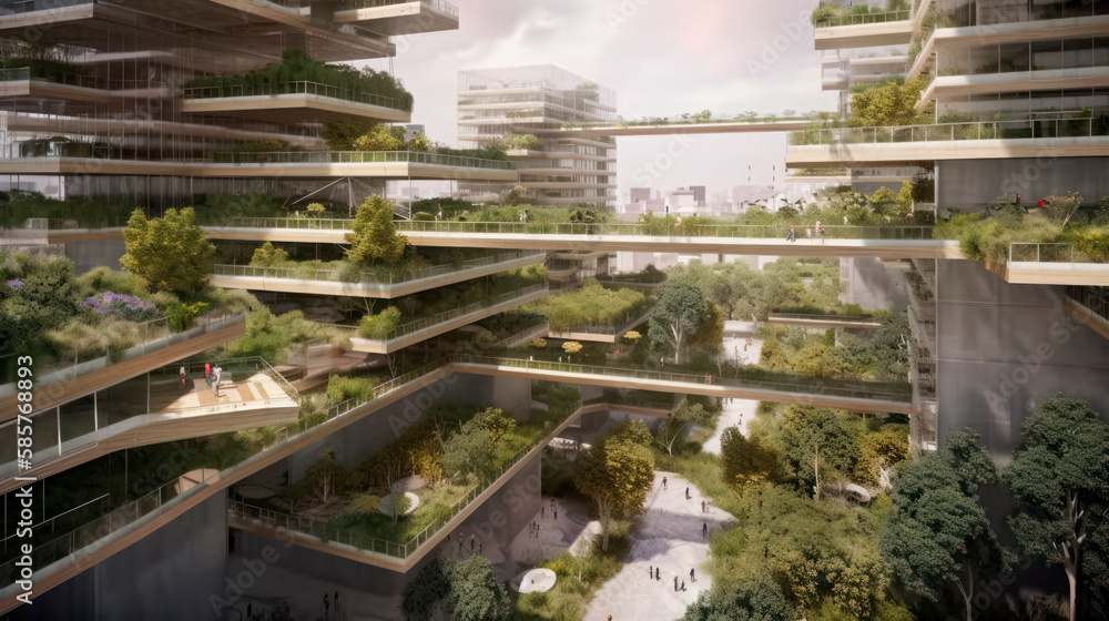 Sustainable Future Architecture - Interconnected Buildings and Vertical Gardens created by Generative AI