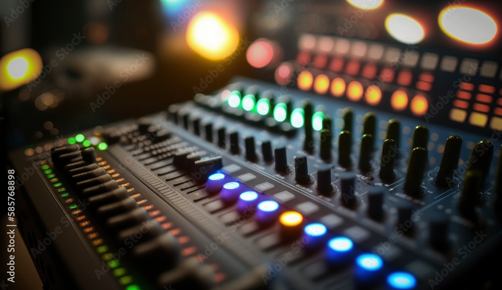 Sound mixer closeup with glowing lights at club party. Postproducted generative AI illustration. Sound mixer closeup with glowing lights at club party. Postproducted generative AI illustration.