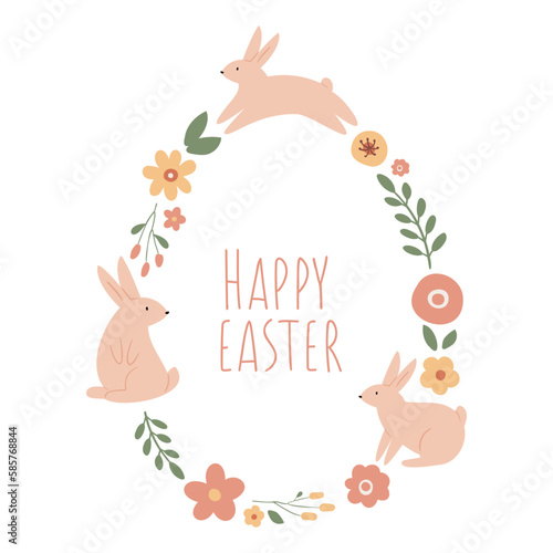 Happy Easter wreath card  Cute bunny illustration clipart  Floral circle frame  vector images in flat cartoon style  digital download printable pictures  wall art print.
