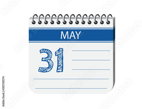 31 may notebook calendar page vector. 3d one day calendar date appointment, deadline, event reminder illustration. Abstract three dimensional daily date calendar. 
