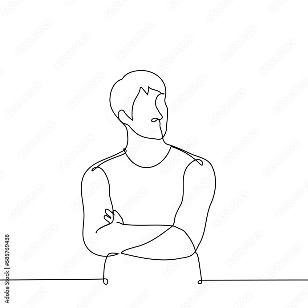 man stands with his arms crossed and looks to the side - one line drawing vector. concept strong confident man
