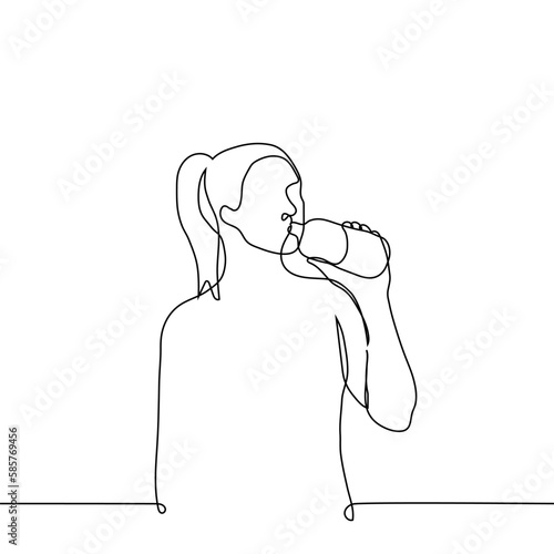 woman standing and drinking from a bottle from her throat - one line drawing vector. concept to quench your thirst