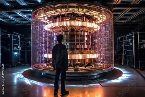 A person standing in front of a giant quantum computer, studying new technology photo