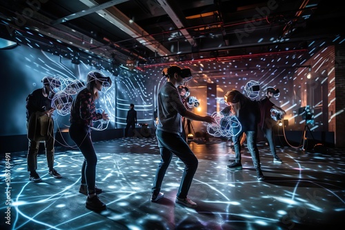 Wallpaper Mural Group of people playling an immersive virtual reality game with VR-Glasses