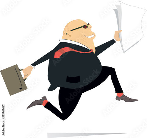 Cartoon running businessman. 
Running young businessman man with bag and papers. Isolated on white
