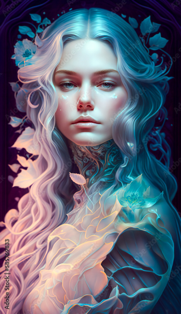 Fantasy, dreamy portrait of a girl with her long blonde hair flowing. Created with Generative AI technology. Fantasy, dreamy portrait of a girl with her long blonde hair flowing. Created with Generative AI technology.