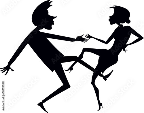 Romantic dancing young couple. Art silhouette. 
Funny dancing young man and woman. Black and white
