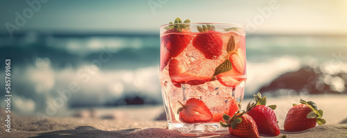 Refreshing Strawberry Cocktail on a Sunny Seaside Day. Strawberries summer drink on sea background. Generative AI