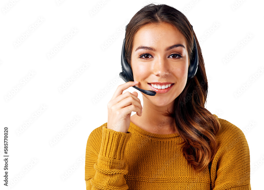 Call center, portrait and happy woman in customer service for telemarketing while isolated on a transparent, png background. Customer support, help desk and smiling female operator face Call center, portrait and happy woman in customer service for telemarketing while isolated on a transparent, png background. Customer support, help desk and smiling female operator face