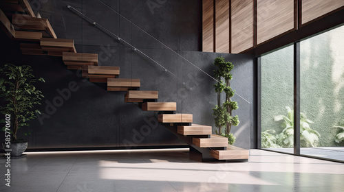 Modern Wood Staircase with Tempered Glass and Granite Base Created Using Generative Ai