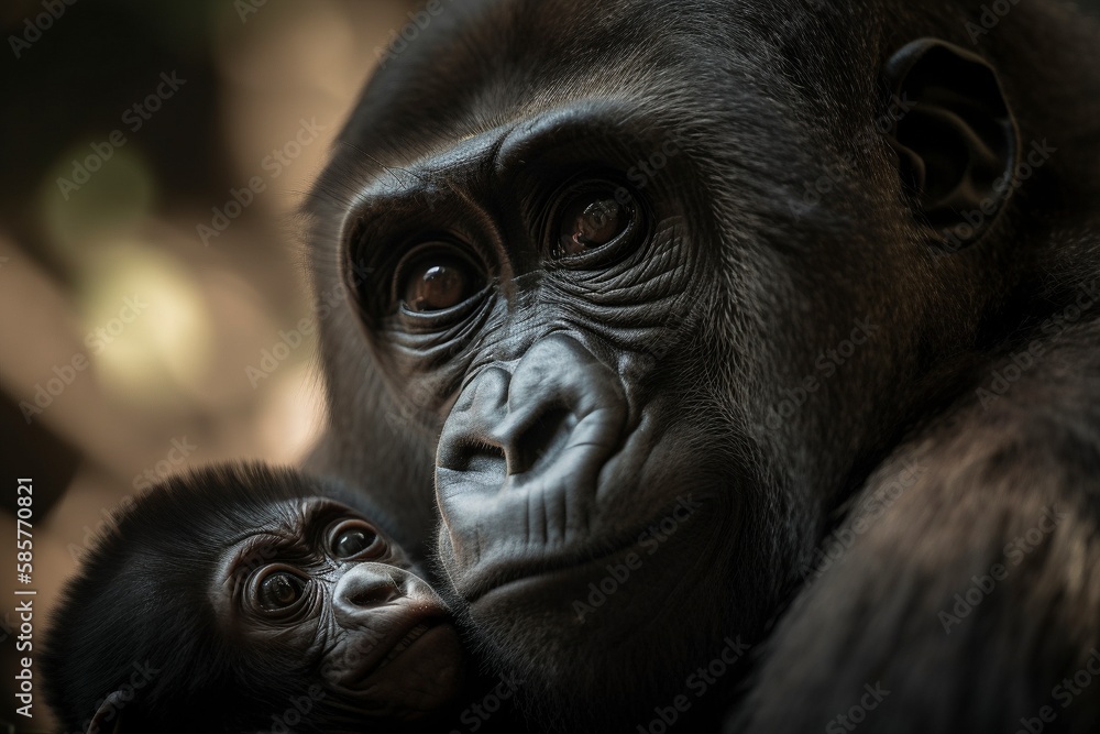 Mother Gorilla Cradles Infant in Arms, Gently Grooming and Cuddling with Tender Love by Generative AI