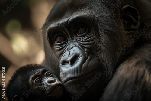Mother Gorilla Cradles Infant in Arms, Gently Grooming and Cuddling with Tender Love by Generative AI © Digital Dreamscape