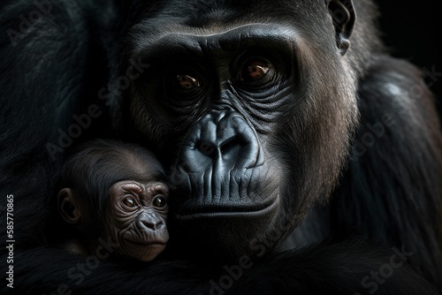 Mother Gorilla Cradles Infant in Arms, Gently Grooming and Cuddling with Tender Love by Generative AI © Digital Dreamscape