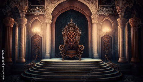 Very decorated empty throne in the castle hall. Postproducted generative AI digital illustration.