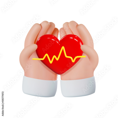 render hands holding heart with rhythm. vector 3d illustration on isolated white background