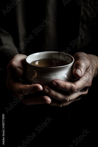 Front view close up of woman hands holding a cup of tea. Shadow photography style
