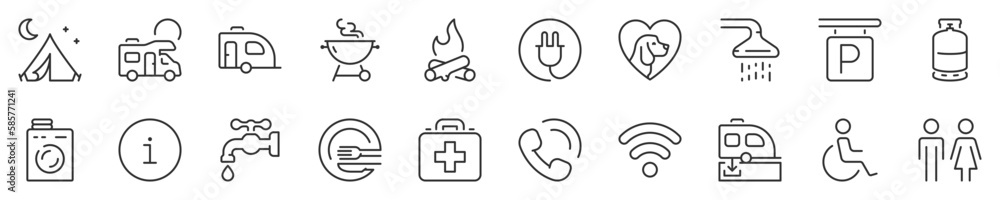 Camping services thin line icon set. Symbol collection in transparent background. Editable vector stroke. 512x512 Pixel Perfect. - obrazy, fototapety, plakaty 