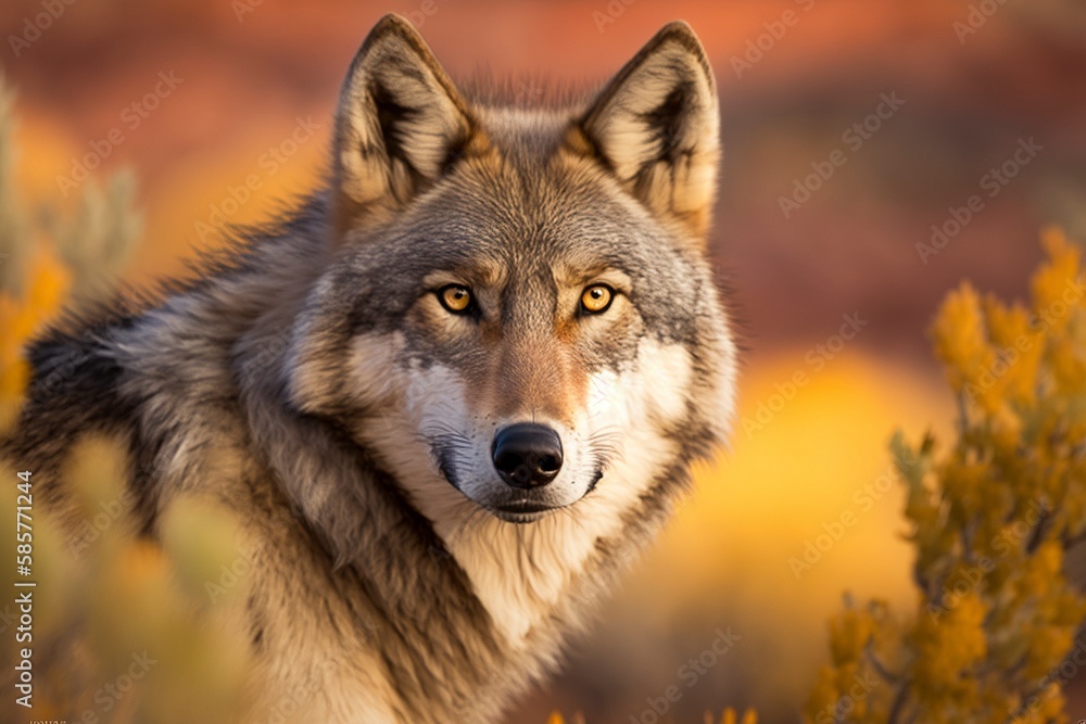 Fototapeta premium Captivating Close-up of Grey Wolf, Showcasing Intricate Features and Intense Gaze by Generative AI