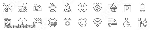 Camping services thin line icon set. Symbol collection in transparent background. Editable vector stroke. 512x512 Pixel Perfect.