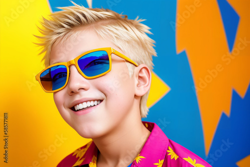 Portrait of an caucasian boy on colorful background, summer brightness. Generative AI.