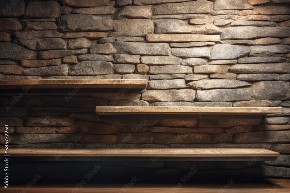serene outdoor setting with a stone wall and a wooden bench. Generative AI serene outdoor setting with a stone wall and a wooden bench. Generative AI
