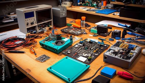 Create a DIY electronics workshop with soldering stations, 3D printers, and bins of electronic components." Generative AI