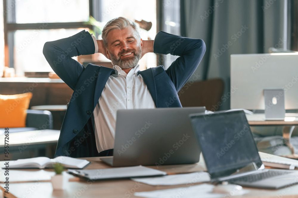 Taking a break, satisfied with success. Senior businessman is working in the office Taking a break, satisfied with success. Senior businessman is working in the office
