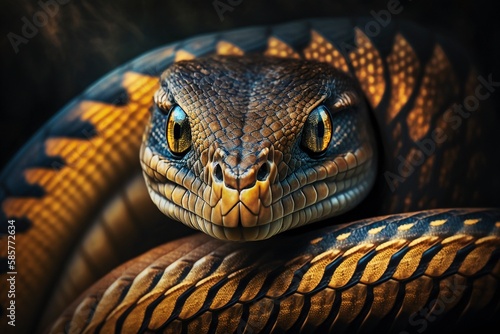 Close-up of Venomous King Cobra, Revealing Intricate Scale Patterns and Menacing Gaze by Generative AI