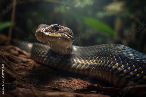 King Cobra Slithers Through Dense Jungles of Southeast Asia, Hood and Intense Gaze Sign of Its Deadly Nature by Generative AI © Digital Dreamscape