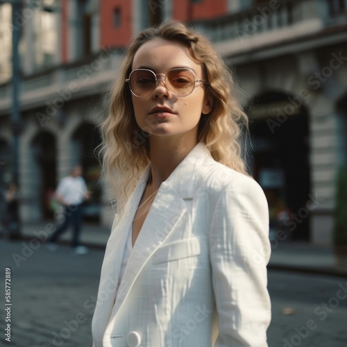 a model girl, on the street in a white business suit, fashion generative ai