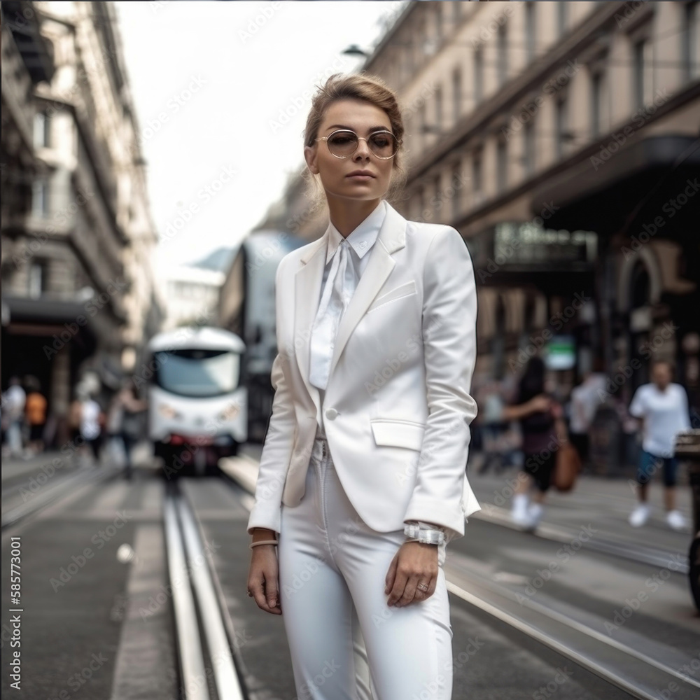 Obraz premium a model girl, on the street in a white business suit, fashion generative ai