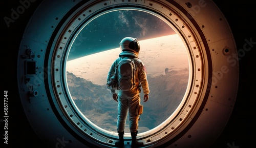 Spaceman in a spacesuit stands in front of spaceship circle window. Postproducted generative AI digital illustration.