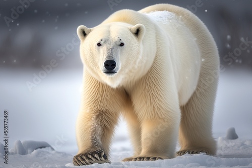 Polar Bear Moves Across Frozen Tundra, Stark White Fur Blending Seamlessly into Snowy Landscape by Generative AI © Digital Dreamscape