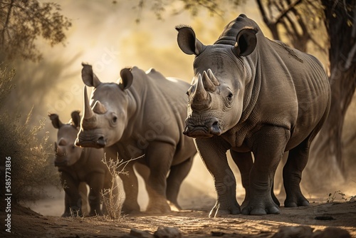 Mother Rhinoceros Stands Protectively Over Calf, Using Massive Body to Shield Young Animal from Potential Threats by Generative AI