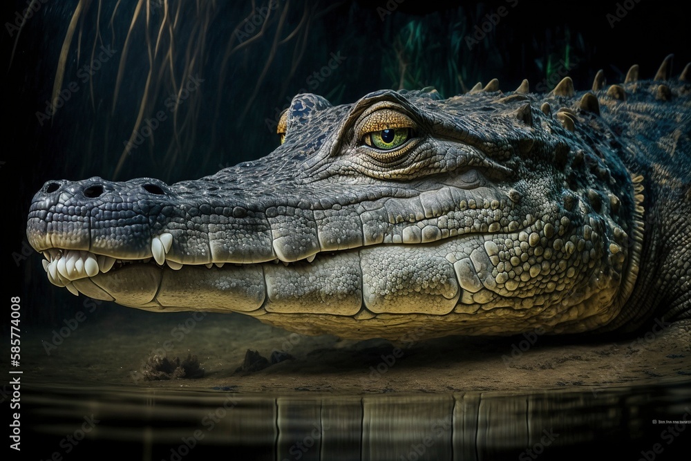 Prehistoric Appearance and Powerful Jaws of Saltwater Crocodile, Thrilling and Dramatic Close-up Subject by Generative AI Prehistoric Appearance and Powerful Jaws of Saltwater Crocodile, Thrilling and Dramatic Close-up Subject by Generative AI