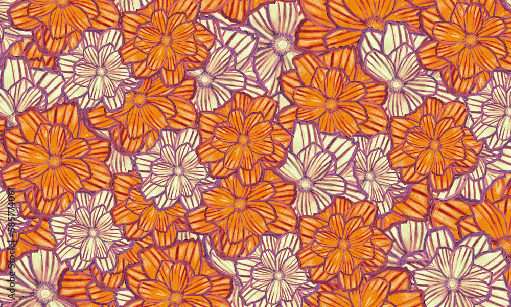  colourful yellow cosmos flower hand drawn pattern background