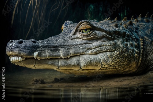 Prehistoric Appearance and Powerful Jaws of Saltwater Crocodile, Thrilling and Dramatic Close-up Subject by Generative AI