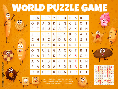 Vquiz game worksheet. Vector crossword with baguette, cupcake, croissant and loaf, checkerboard, donut or cracker, fortune and star cookies