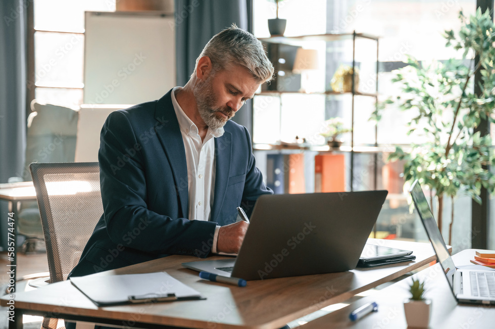 Using laptop. Senior businessman is working in the office Using laptop. Senior businessman is working in the office