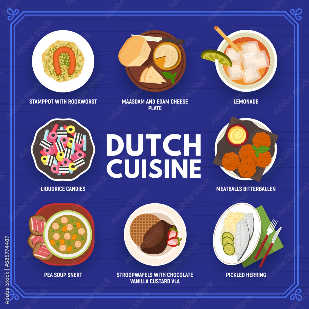 Dutch cuisine menu and food of Netherlands with stamppot, stroopwafel and bitterballen, vector. Dutch cuisine gourmet cheese plate and herring for restaurant dinner, rookworst sausage and lunch meals