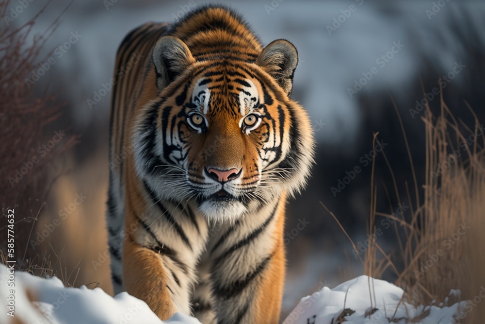 Siberian Tiger Prowls Through Snowy Russian Forests, Thick Fur and Powerful Body Signifying Adaptability and Strength by Generative AI